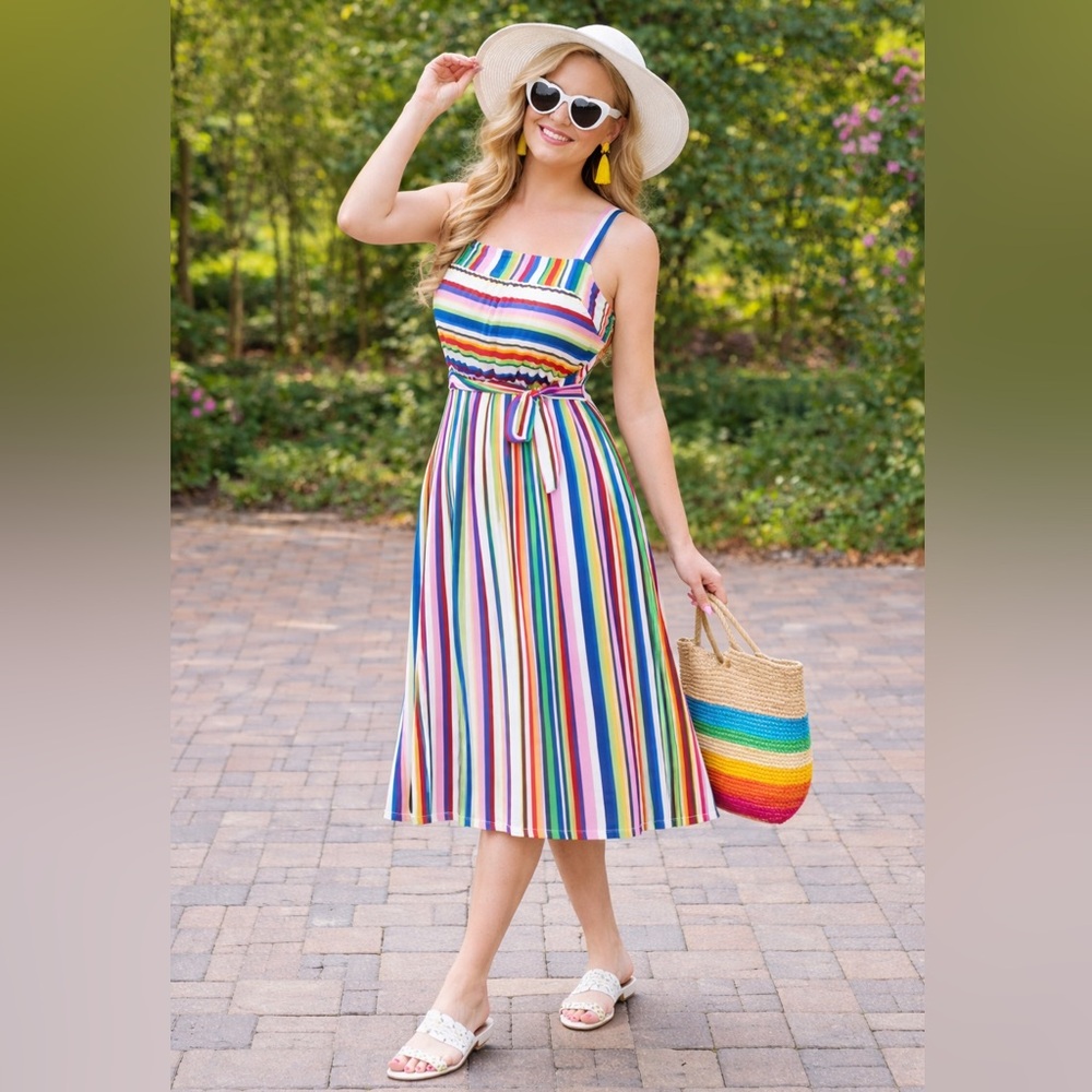 ModCloth Rainbow Stripe Retro Sundress Colorful Vintage Style Midi